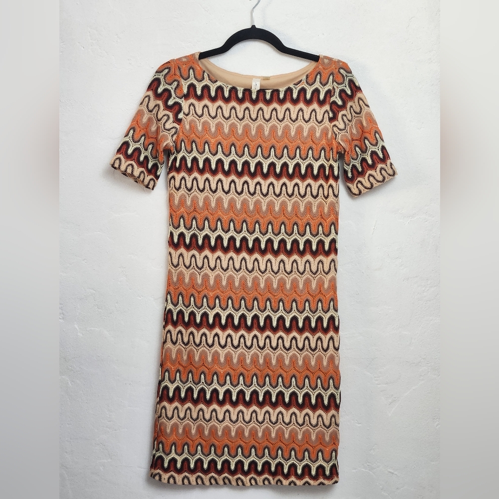 Brown and Orange Multicolor Shift Crochet Pattern Overlay Midi Length Dress - S